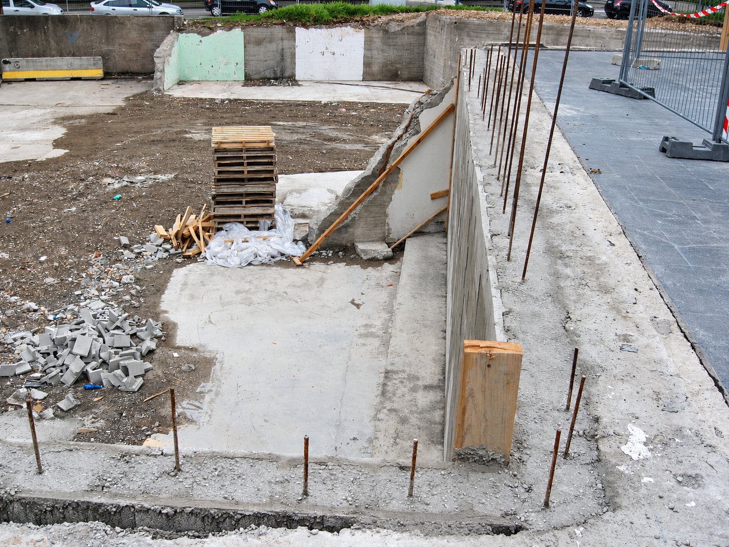 Chantier de construction avec un mur en béton, des fers à béton qui dépassent, une pile de palettes et des gravats sur un sol de terre.