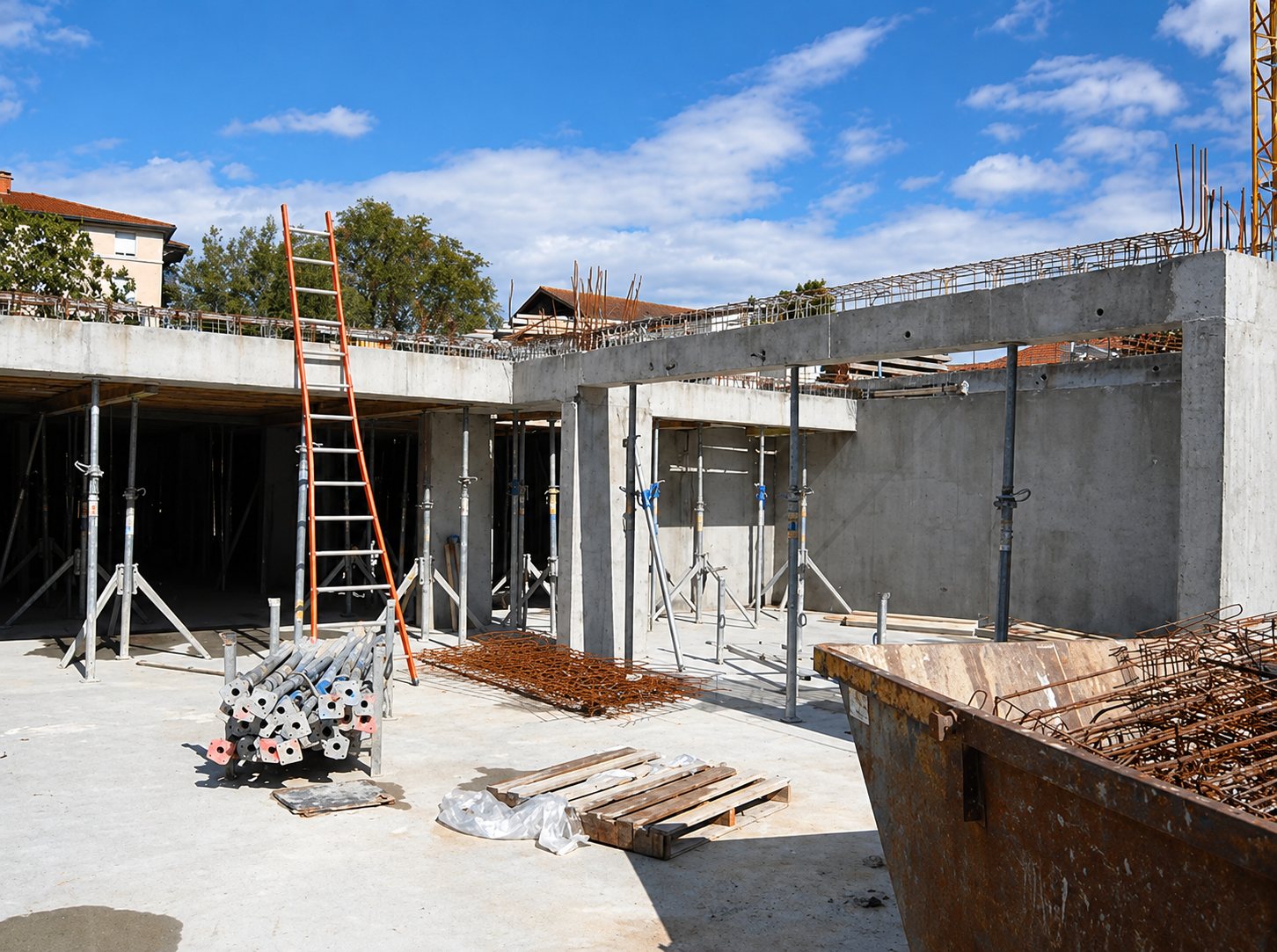 Chantier de construction d'un bâtiment en béton avec poteaux, étais métalliques, échelle orange, armatures et une benne au premier plan sous un ciel bleu.