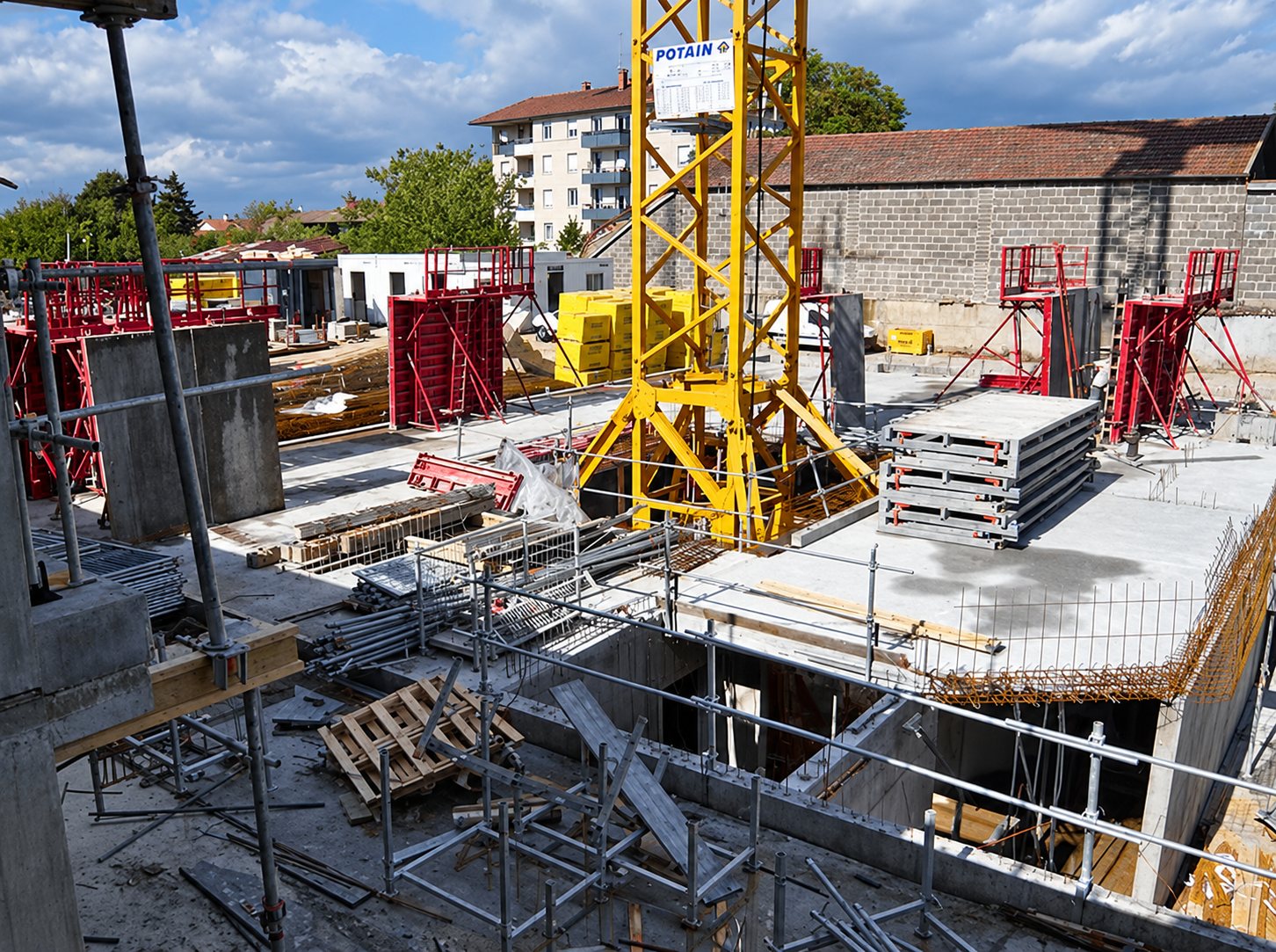 Vue en hauteur d'un chantier de construction avec une grue à tour jaune, des banches rouges et des dalles en béton, devant des immeubles.