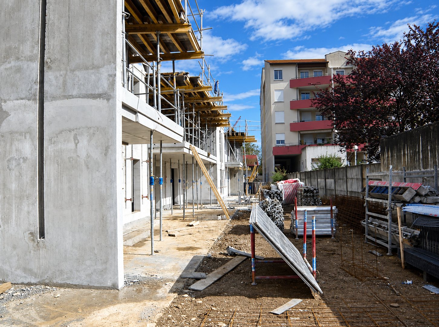 Un chantier de construction d'immeuble résidentiel avec murs en béton brut, échafaudages et matériaux stockés au sol, devant un bâtiment voisin à balcons rouges.