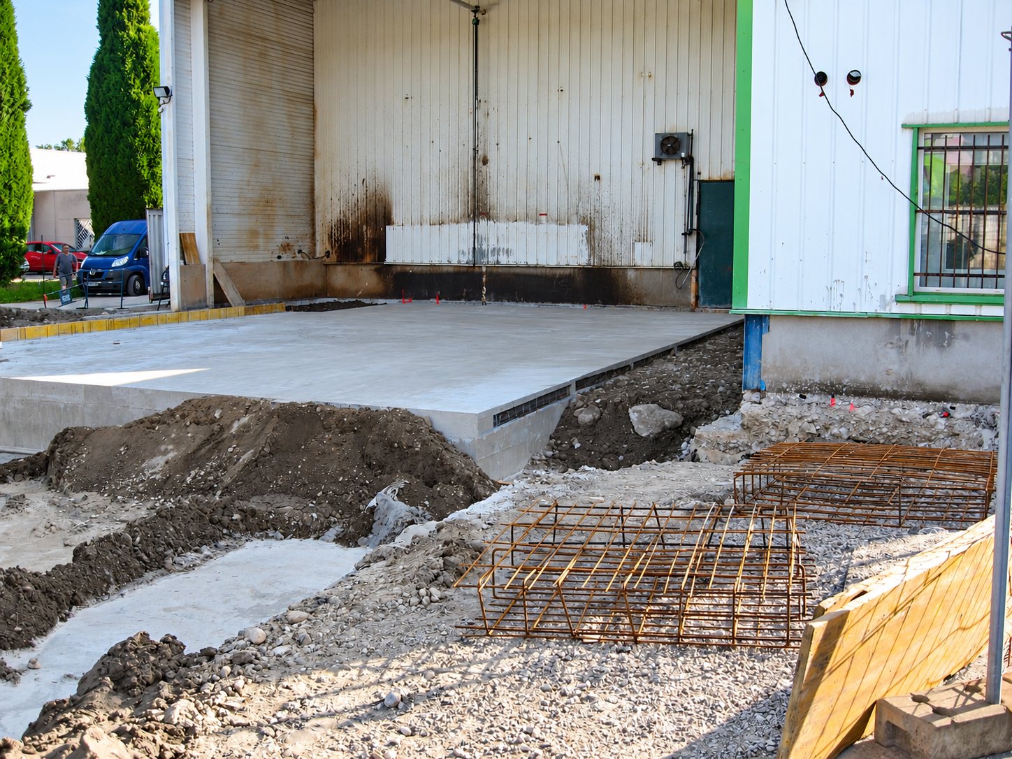 Chantier de terrassement devant un bâtiment industriel avec une dalle de béton coulée, des tranchées en terre et des treillis d'armature posés au sol.