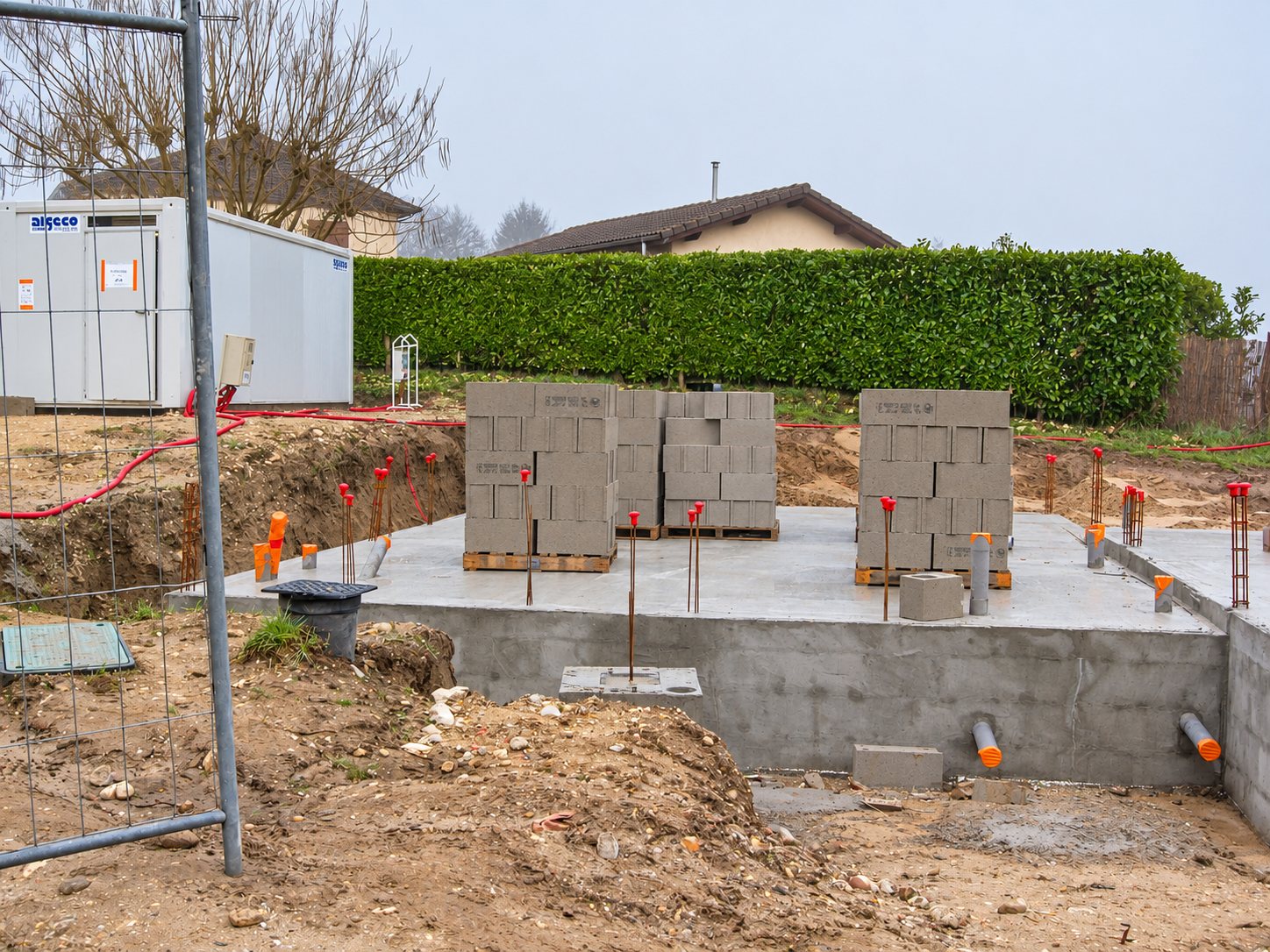 Chantier de maison par temps brumeux avec une dalle en béton, des palettes de parpaings, des fers d'attente et un bungalow de chantier au fond.