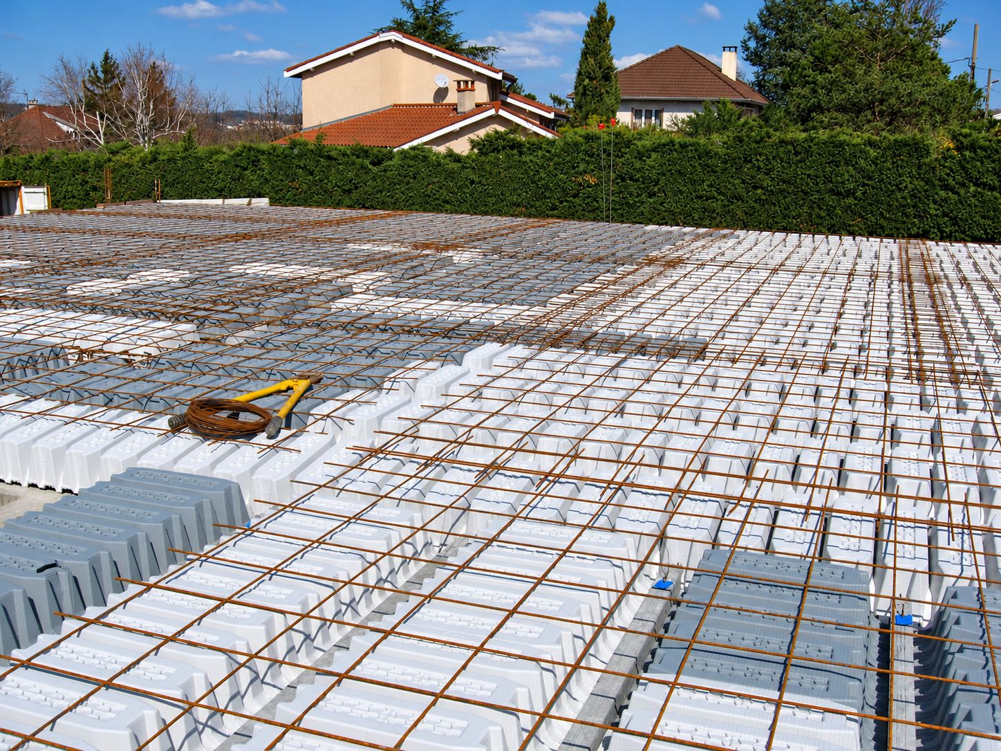 Vue d'un chantier où des coffrages en polystyrène blancs et gris sont recouverts d'un quadrillage d'armatures métalliques, devant une haie et des maisons.