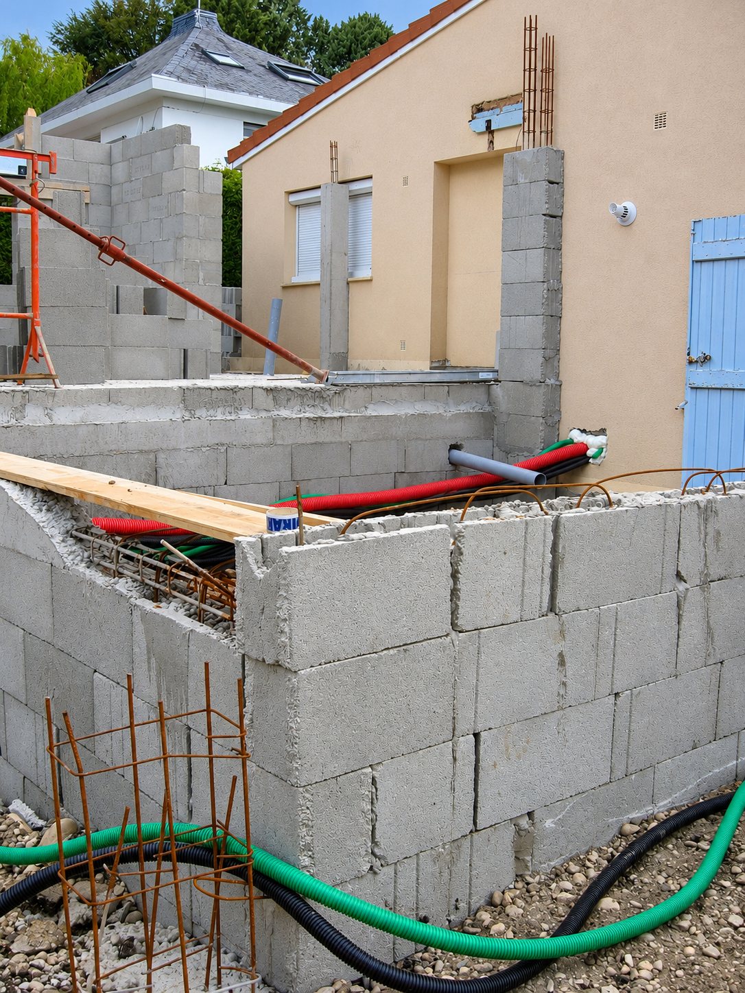 Chantier de construction avec murs en parpaings, armatures en acier et gaines rouges, vertes et noires devant une maison rose.