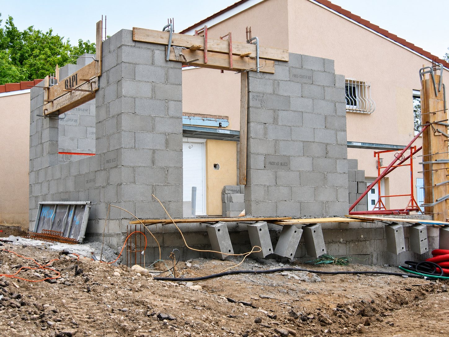 Chantier d’extension en parpaings à côté d’une maison avec échafaudage