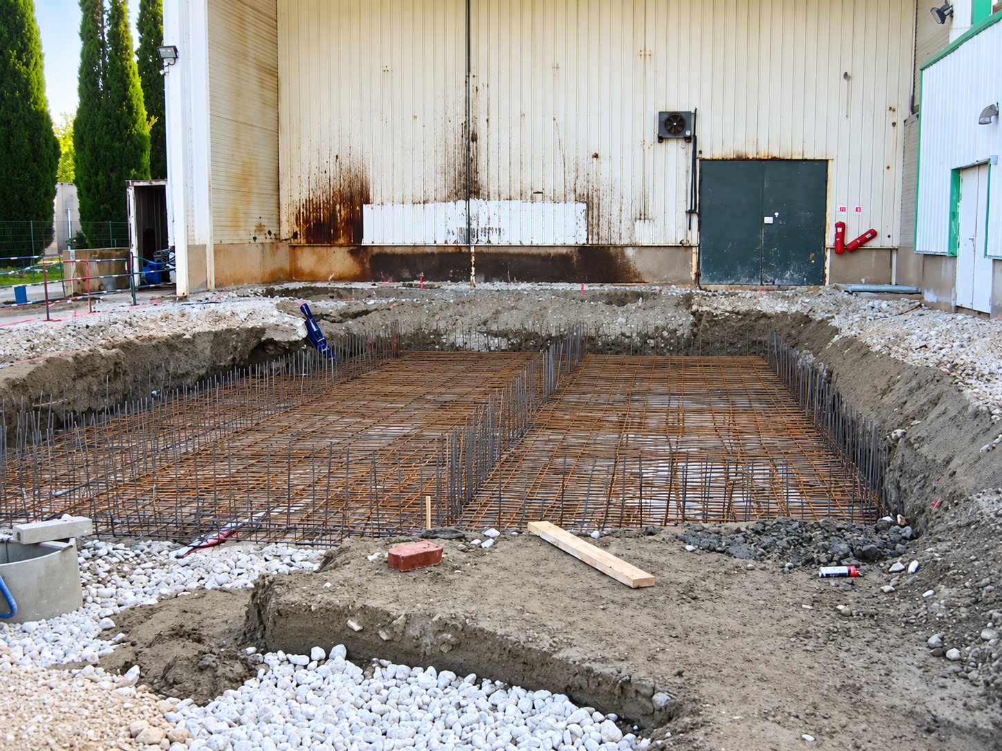 Une fouille rectangulaire avec armatures métalliques en place, devant un grand bâtiment industriel aux murs clairs, avec des graviers blancs au premier plan.