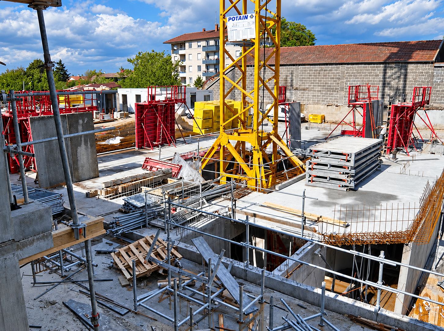 Chantier d’un immeuble avec grue jaune et banches rouges
