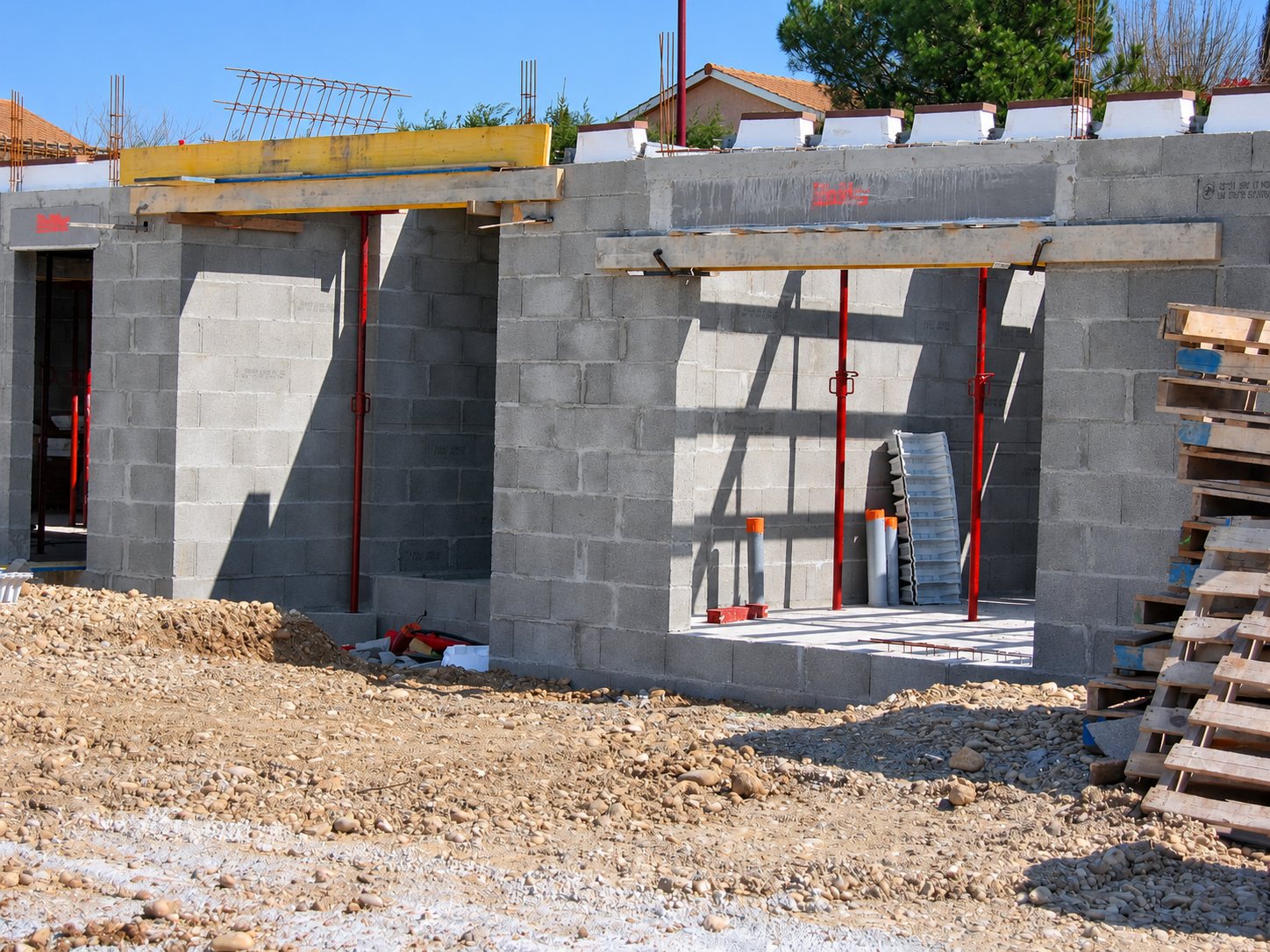 Murs en parpaings d'une maison en construction avec linteaux, étais métalliques rouges et palettes en bois sur un terrain de gravats.