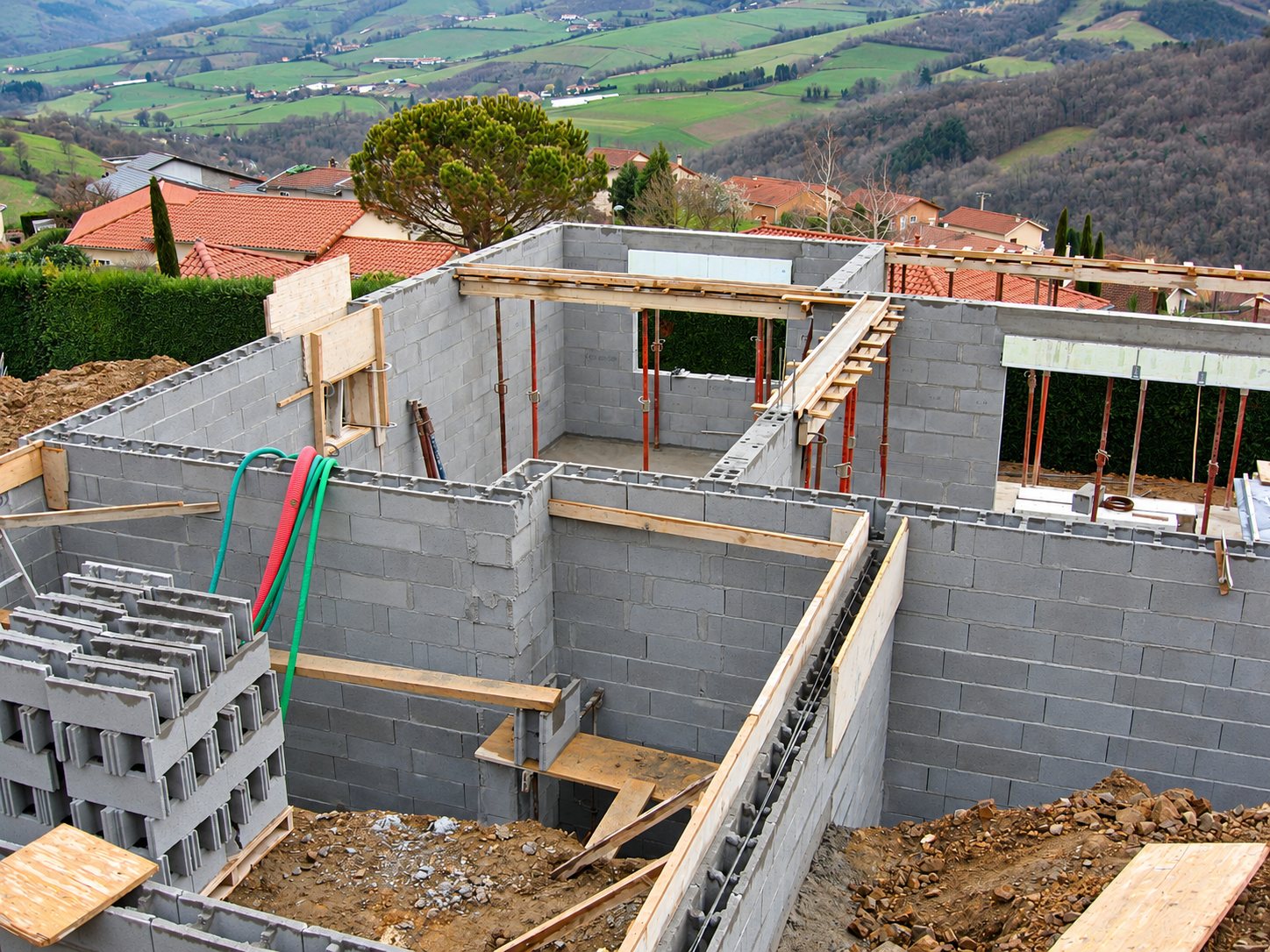 Gros œuvre d'une maison en cours de construction avec murs en parpaings, étais métalliques et planches de coffrage, au-dessus d'une vallée vallonnée.