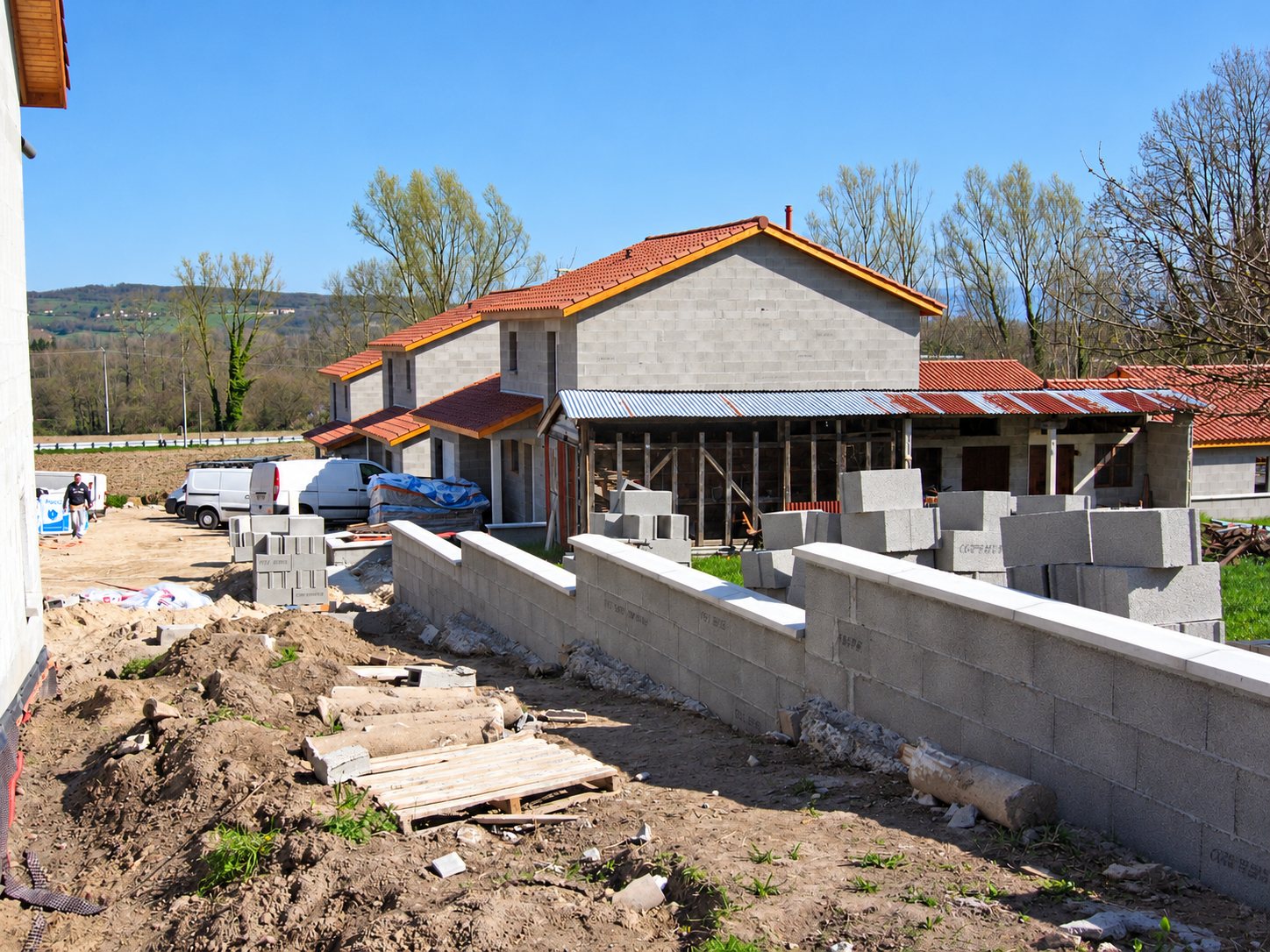 Chantier de construction de maisons en parpaings à toits de tuiles rouges, avec un muret en cours de montage, des palettes de blocs et des camionnettes au fond.