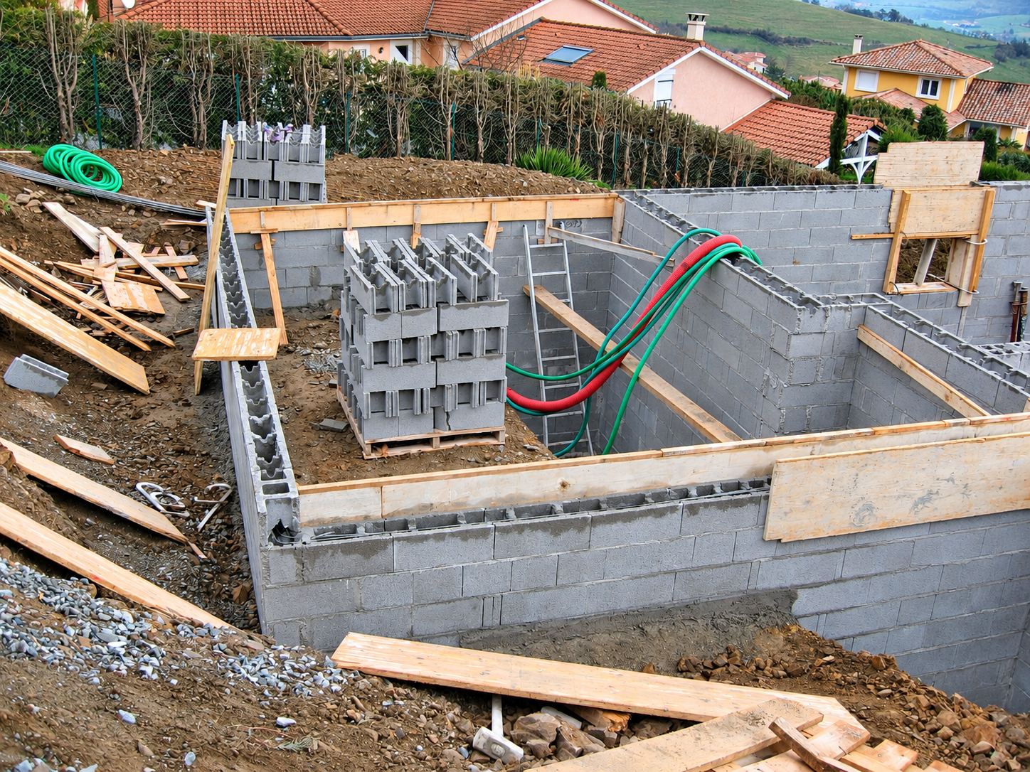 Chantier de maison en cours avec des murs de parpaings gris, des palettes de blocs, des planches de coffrage et des gaines vertes et rouges sur un terrain en terre.