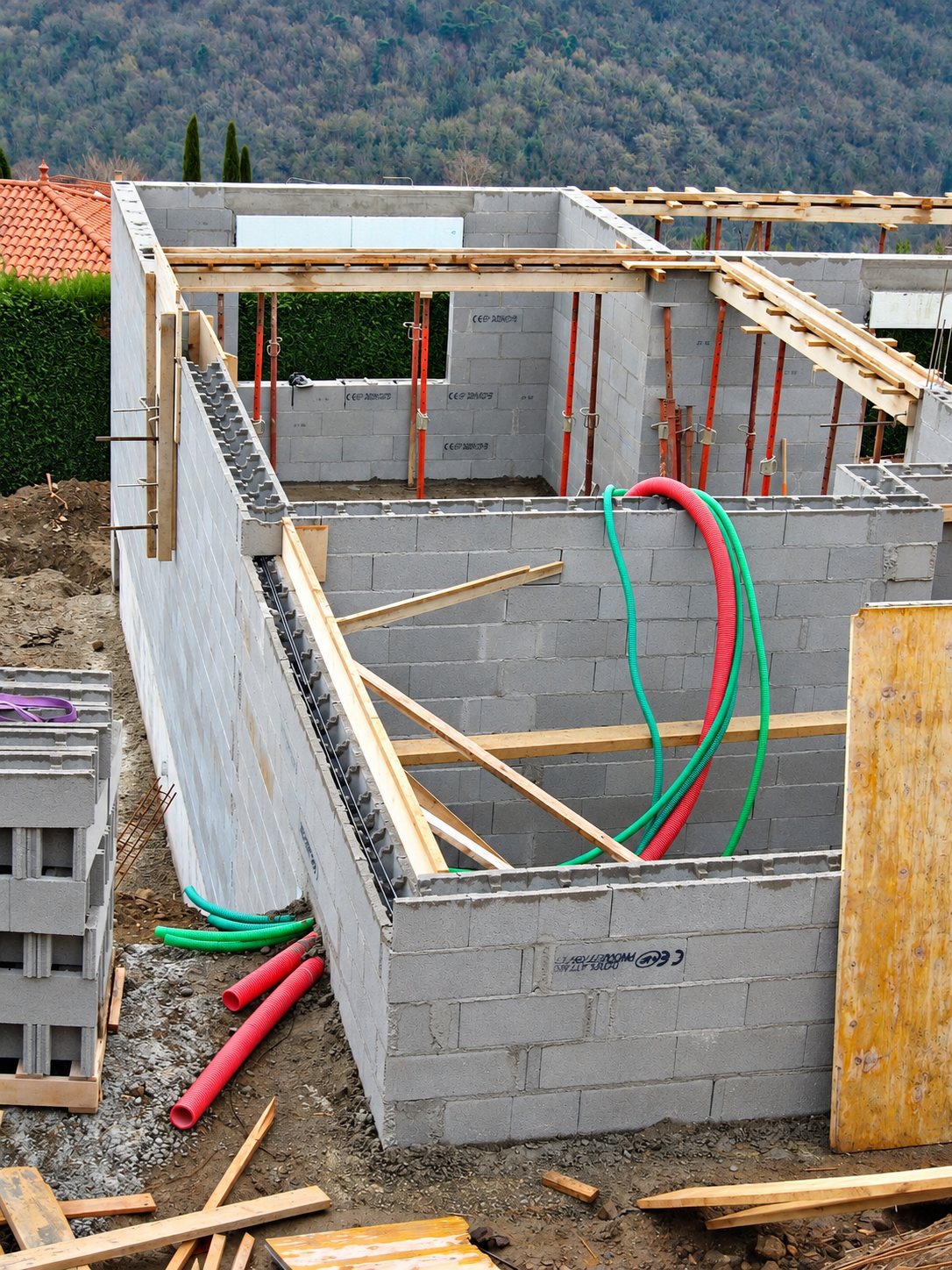 Chantier d'une maison en cours avec des murs en parpaings, des étais rouges et des gaines électriques vertes et rouges, devant une colline boisée.