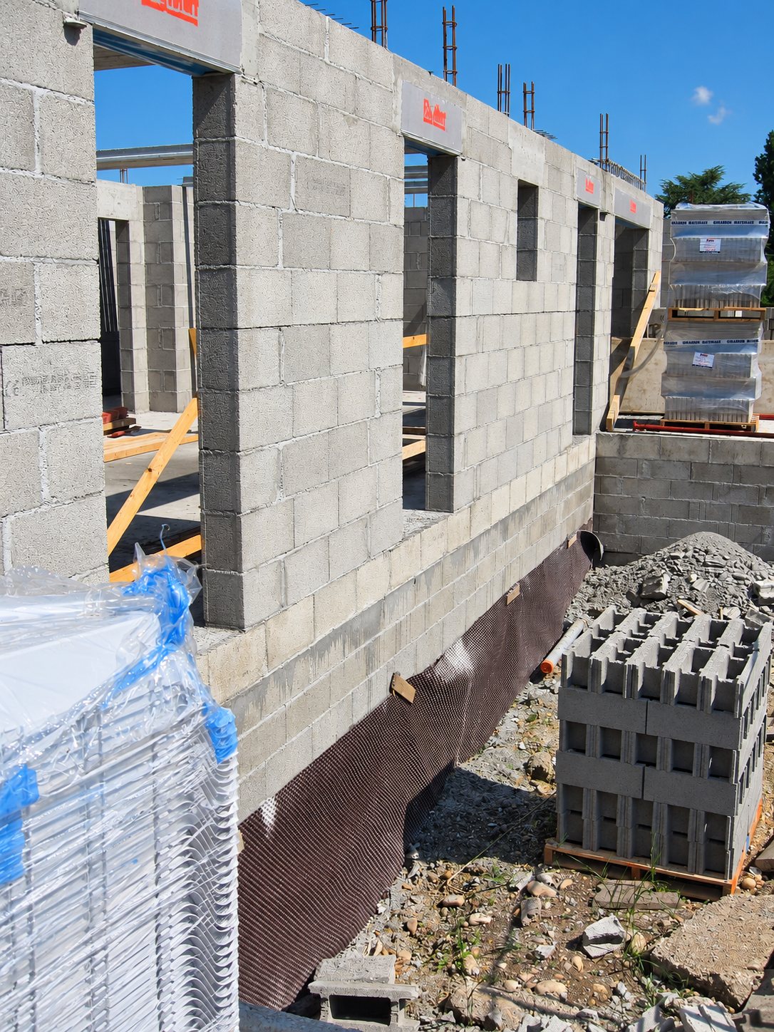 Un chantier de construction montre des murs en parpaings avec ouvertures, une membrane d'étanchéité sombre au pied du mur et des palettes de matériaux au premier plan.