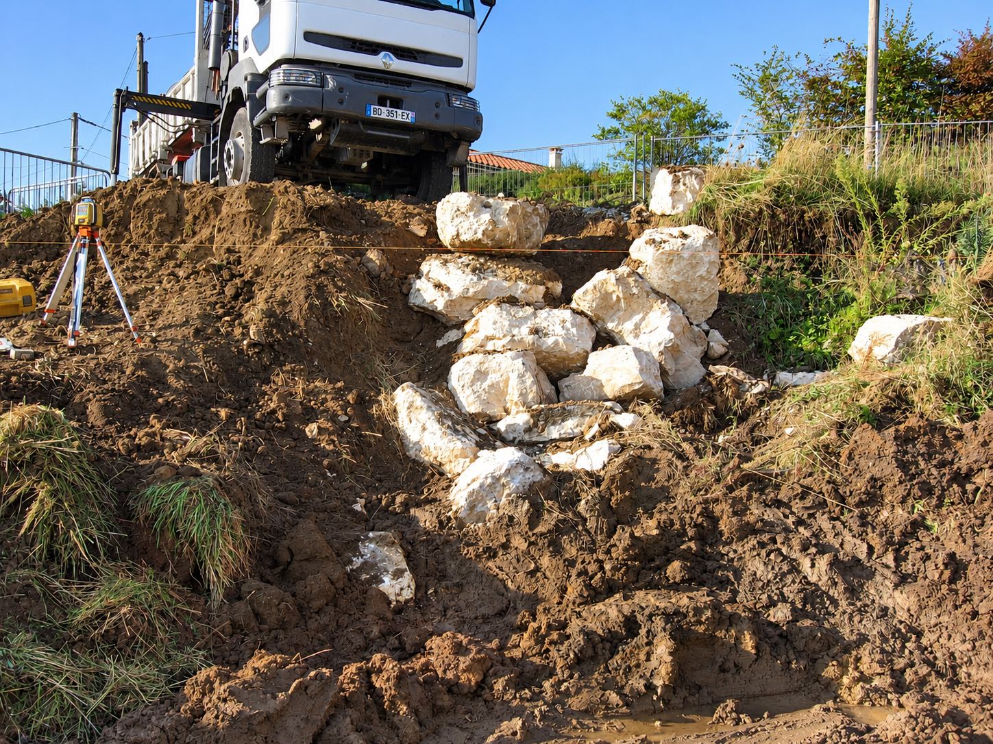 Un camion blanc est garé en haut d'un talus de terre où de gros blocs de pierre calcaire sont disposés, avec un niveau laser sur trépied à gauche.