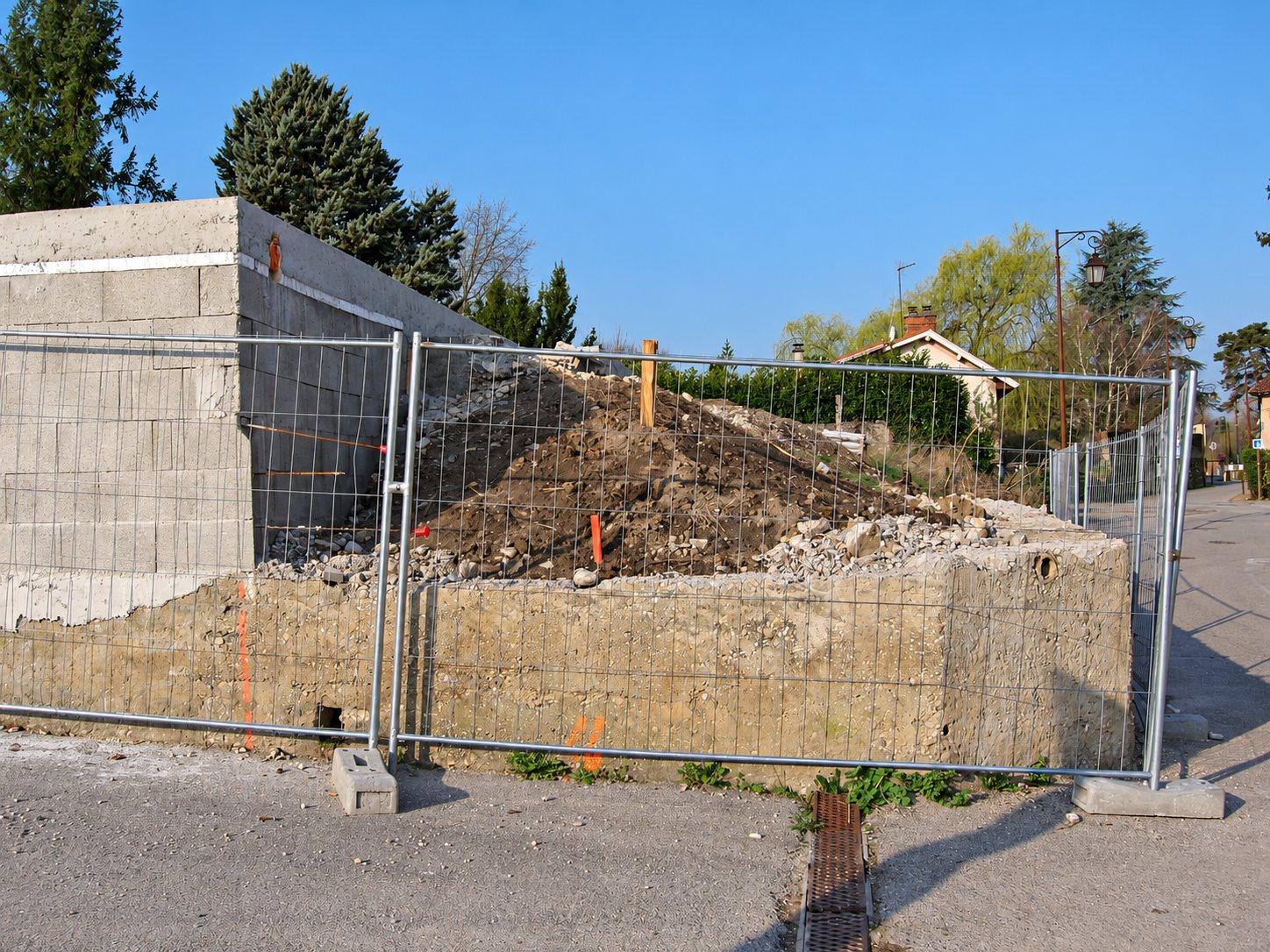 Un chantier entouré de grilles métalliques montre un tas de terre et de gravats derrière un mur en béton et en parpaings, sous un ciel bleu.