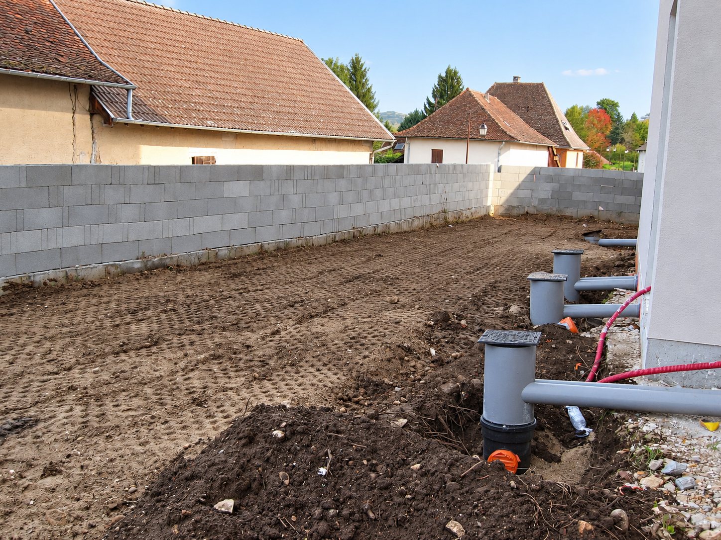 Terrain terrassé en bordure d'un mur en parpaings, avec des regards d'assainissement gris et des tuyaux raccordés à une maison neuve.