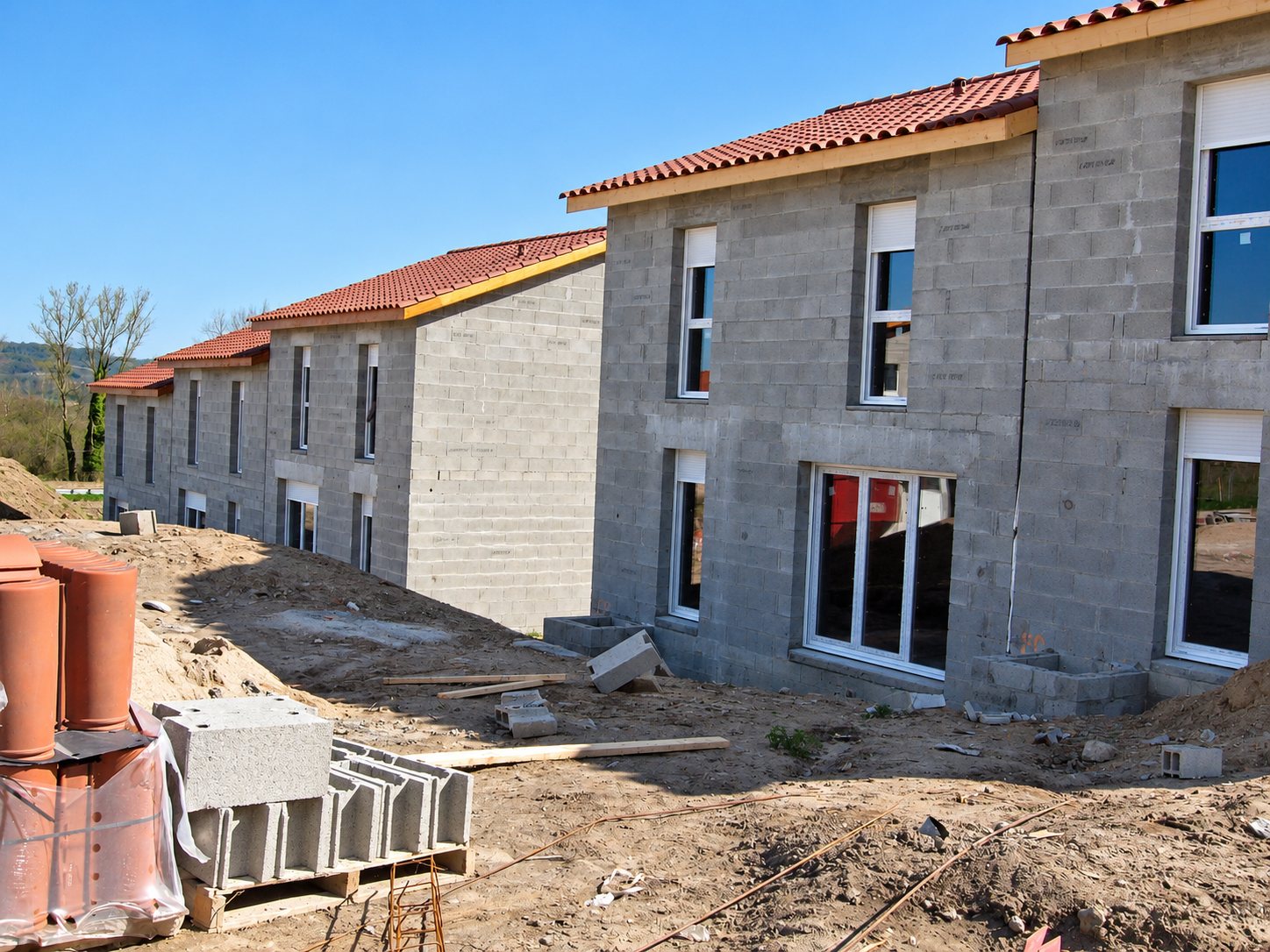 Chantier de maisons mitoyennes en parpaings gris avec toitures en tuiles rouges, fenêtres posées et palettes de matériaux au premier plan.