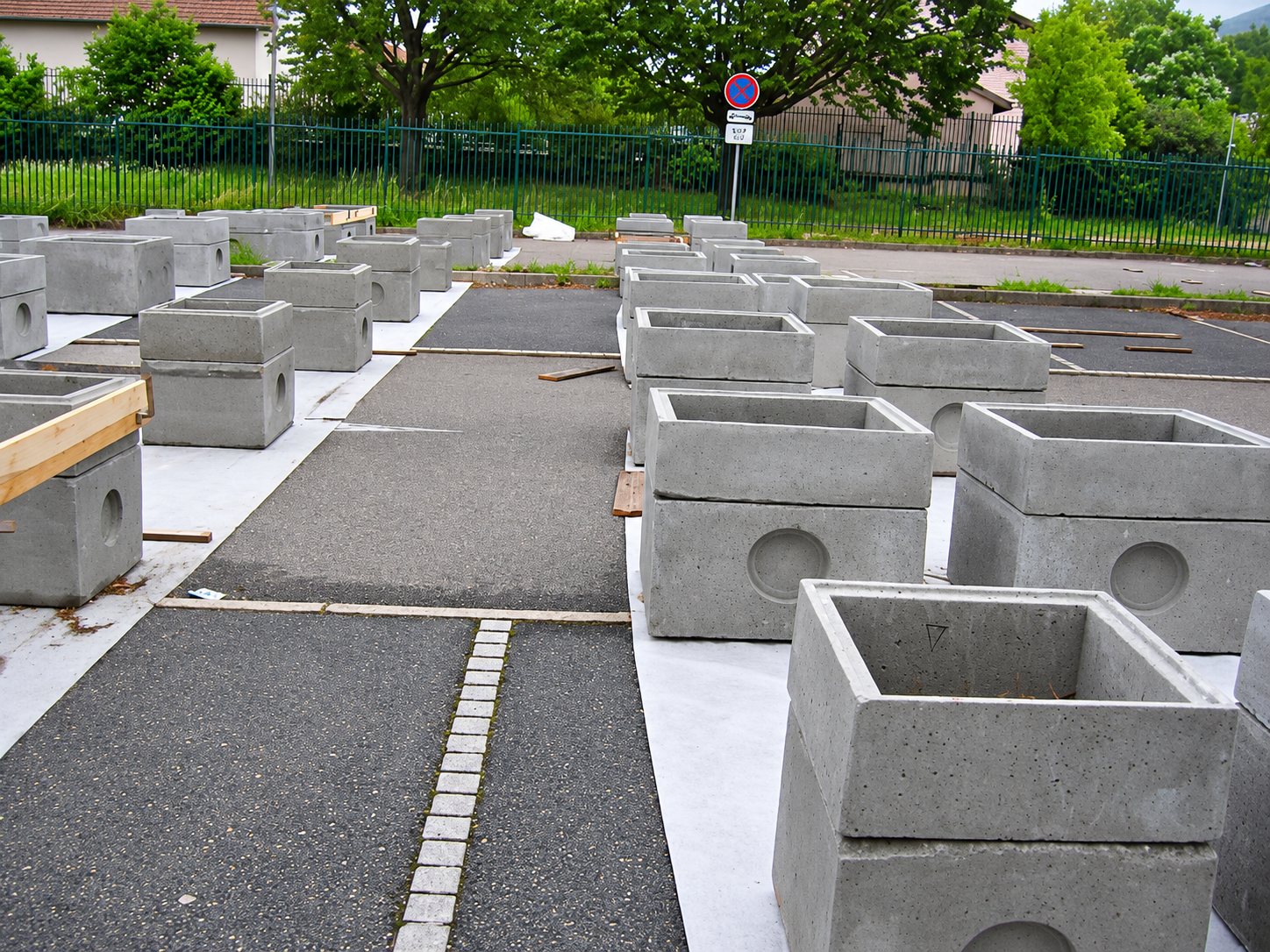De nombreux regards carrés en béton gris sont disposés en rangées sur une grande surface goudronnée devant une clôture et des arbres.
