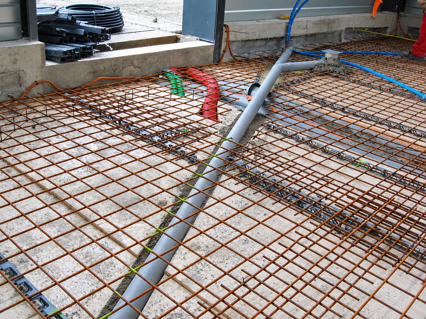 Sur un chantier, un treillis soudé rouillé recouvre le sol et des tuyaux gris, bleus et rouges avant le coulage de la dalle de béton.